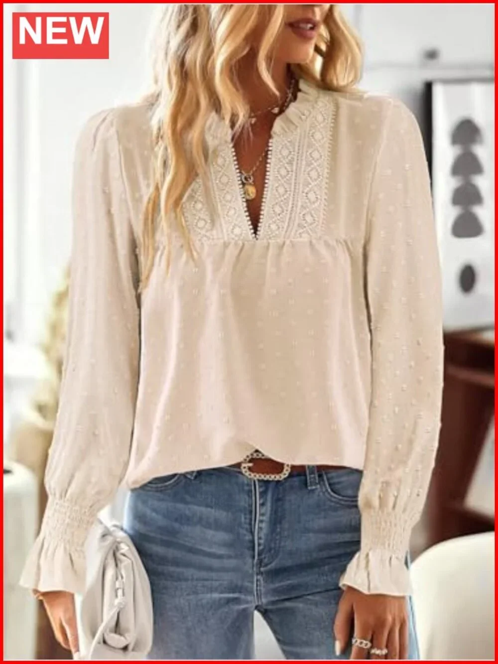 Womens Boho V-Neck Crochet Lace Long Sleeve Blouse